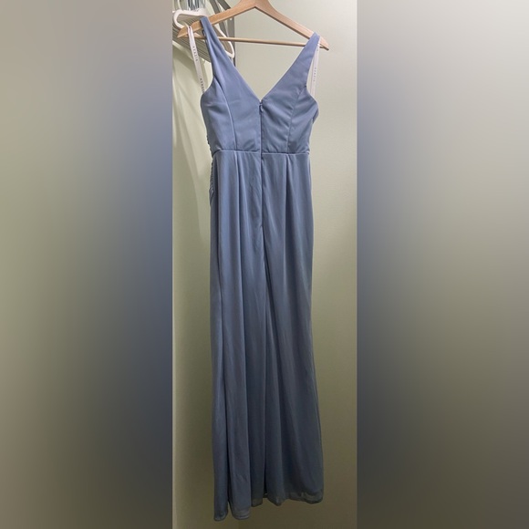 Azazie Leandra Dusty Blue Mermaid V-Neck Pleated Mesh Dress - Picture 4 of 5